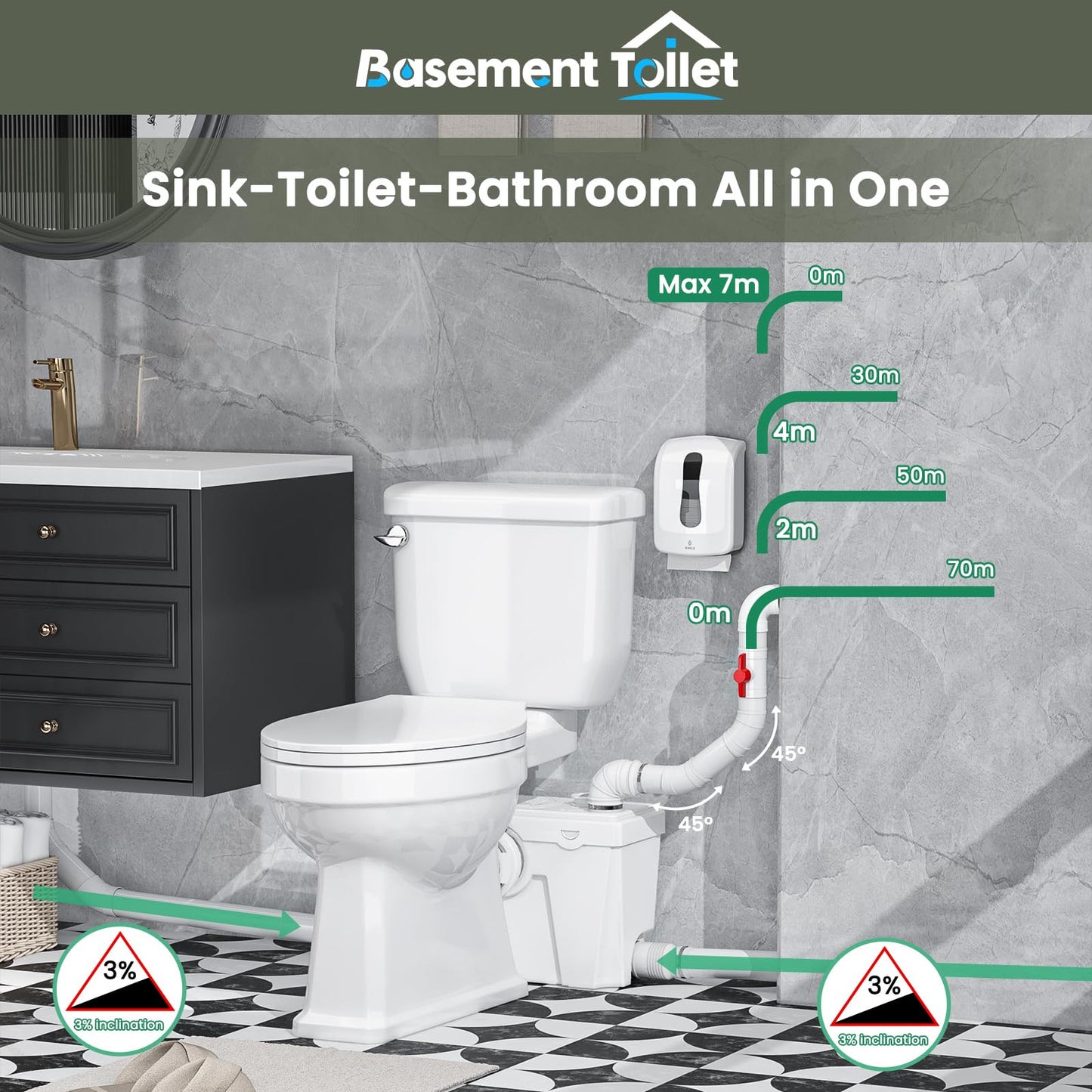 Macerating Toilet with 4 Water Inlets – Upflush Toilet System with Macerator Pump for Basement, Bathroom, Kitchen, and RV Installation – Round Bowl Toilet with Tank & Extension Pipe