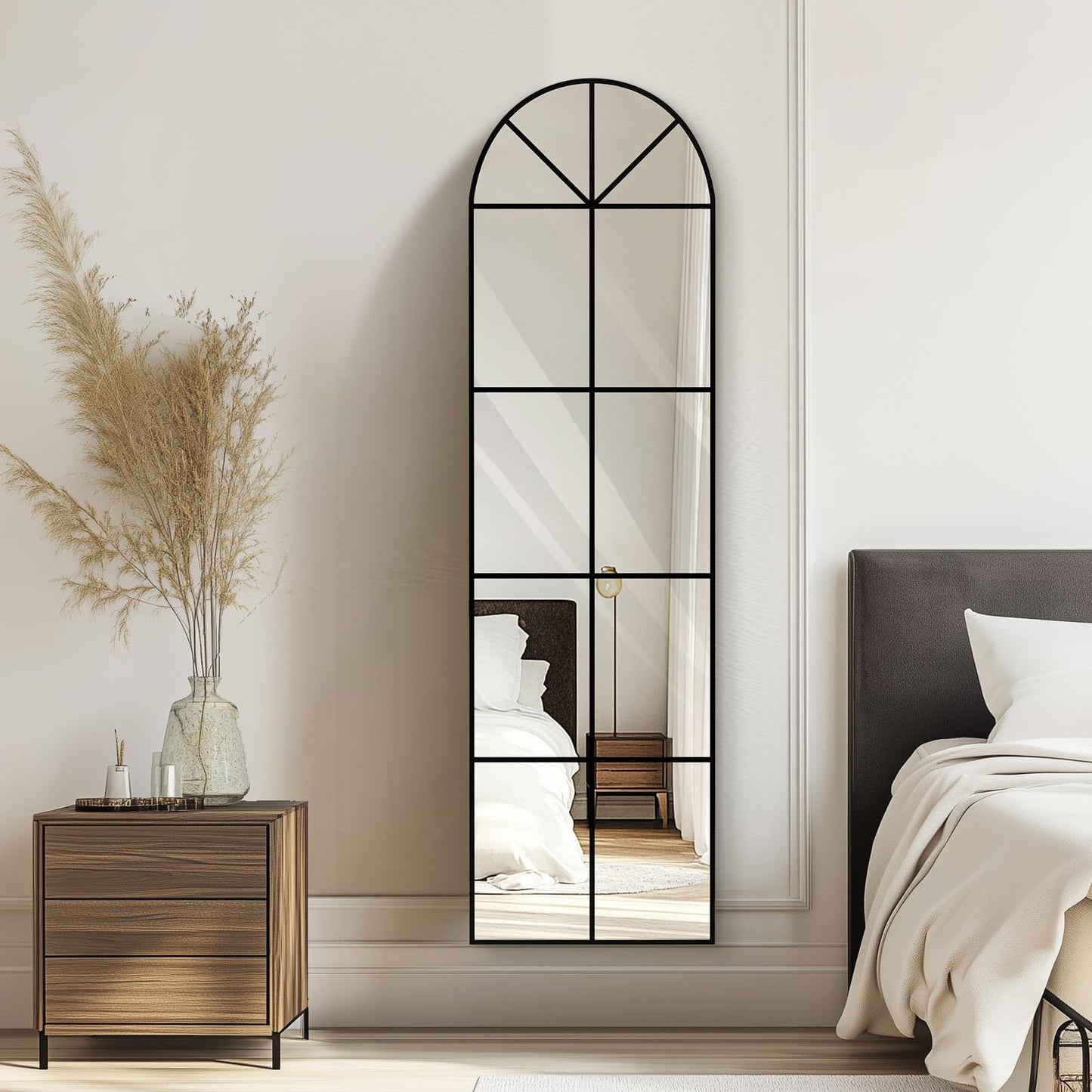 Muzilife Arched Full Length Window Mirror, 16x56 Windowpane Body Mirror with Metal Frame, Wall Mounted Hanging or Leaning for Door， Bedroom, Living Room, Black, No Stand, Upgraded