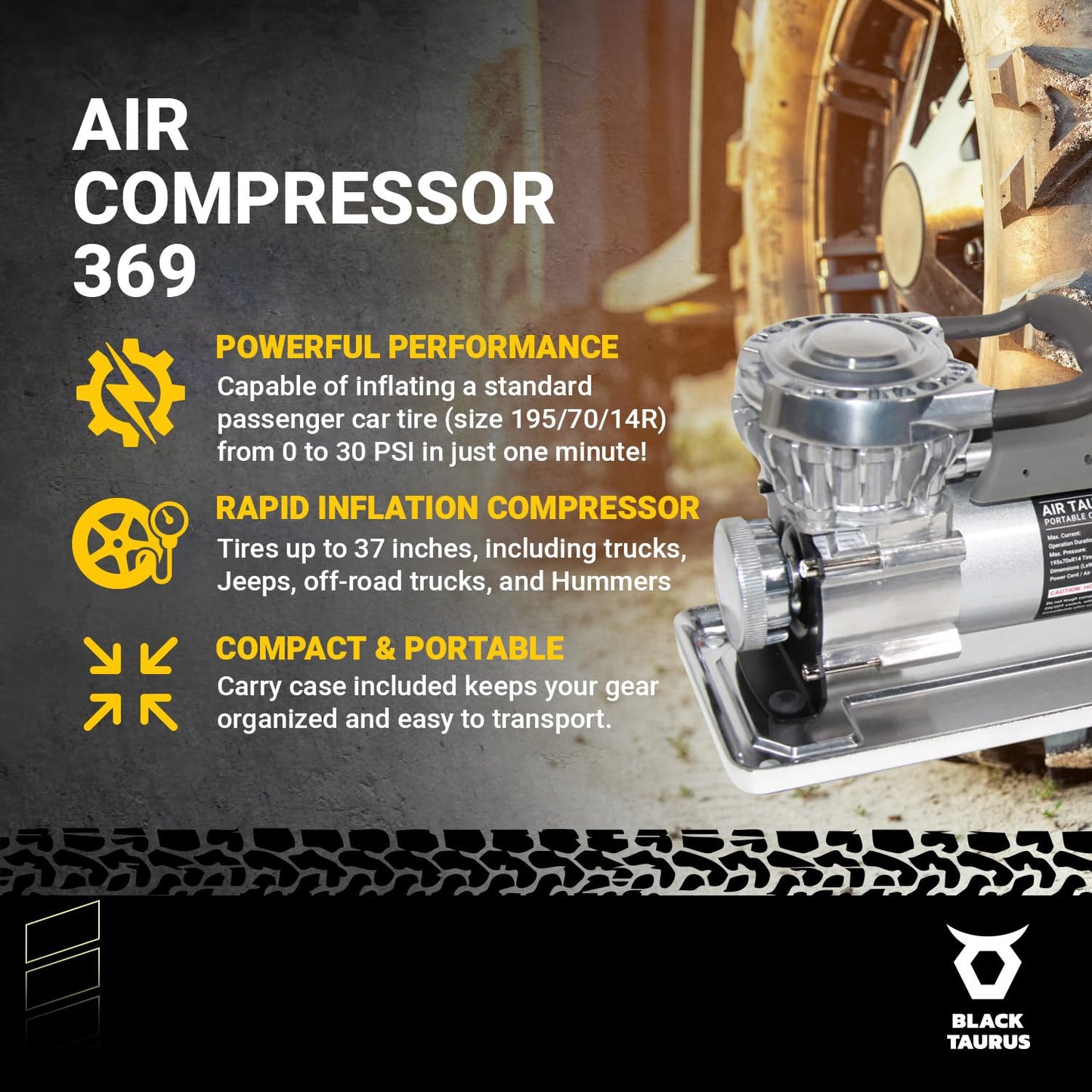 Black Taurus Portable Air Compressor - 12V Air Compressor / 24V 150 PSI for Car, Truck & 4x4, Dual Motor Heavy Duty Tire Inflator, Tire Inflator with Gauge, Long Air Hose - Air Compressor 369