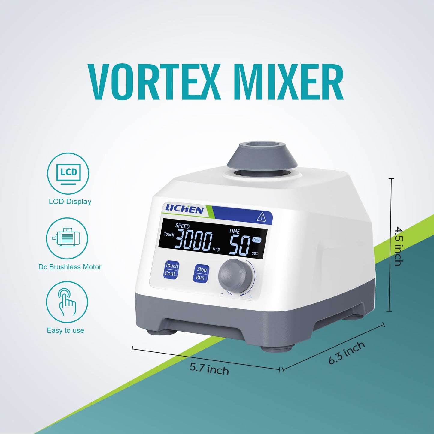 LICHEN Lab Vortex Mixer Shaker,100-3000RPM with LCD Display Adjustable Speed DC Brushless Motor Vortex Shaker with Touch & Continuous Mode for Laboratory, Nail Polish,Acrylic Paints Ink，Pigment Mixing