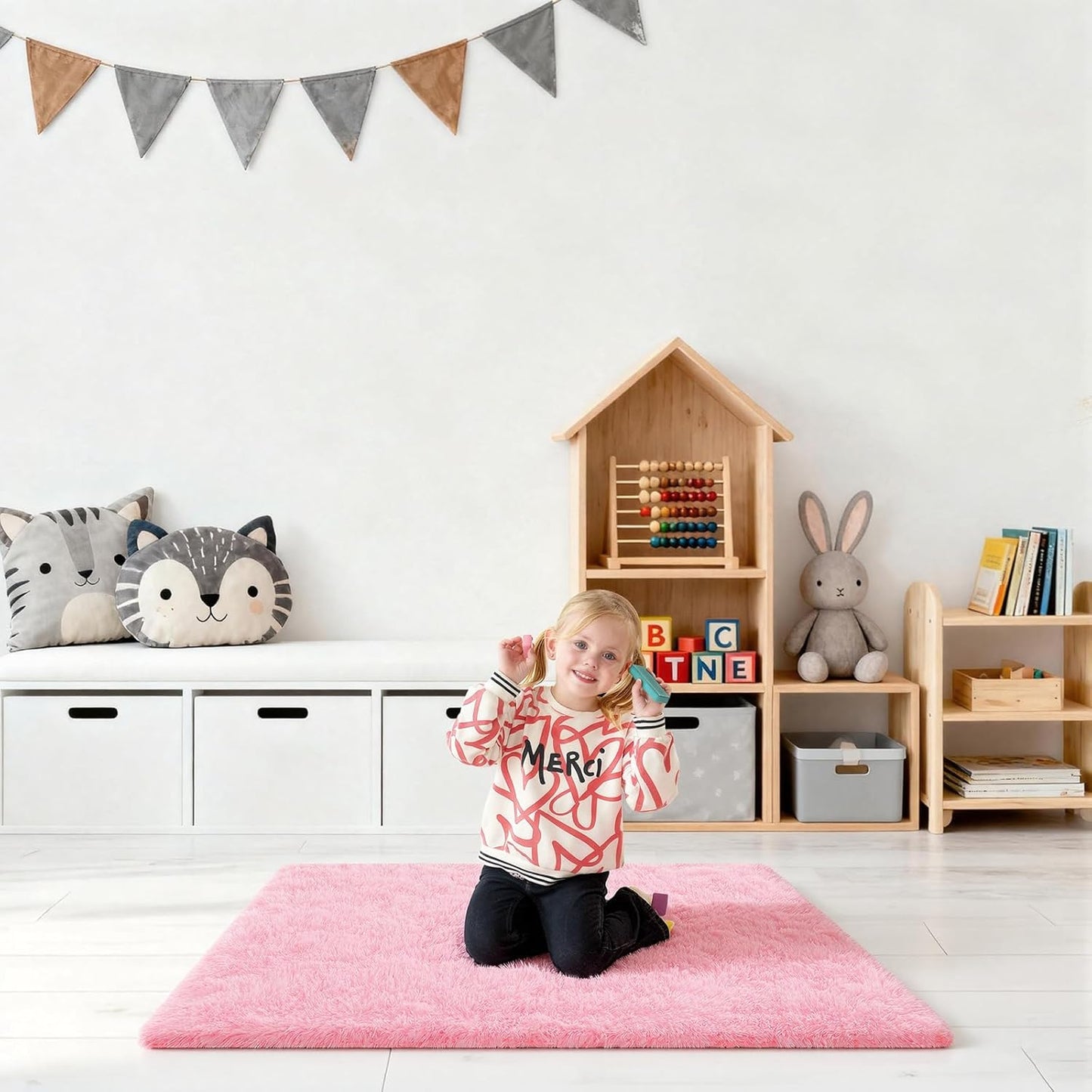 Skiennix Pink Area Rug - Fluffy 2x3 Soft Shag Carpet with Non-Slip Strips for Kids' Room Decor