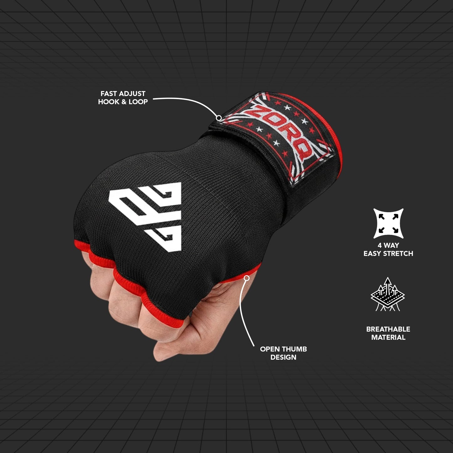 ZORQ Gel Boxing Hand Wraps Inner Gloves - Quick Padded Knuckle Protection Under Mitts for Men & Women - Semi-Elastic Wrist Support for MMA, Muay Thai, Kickboxing & Martial Arts (Red, Large)