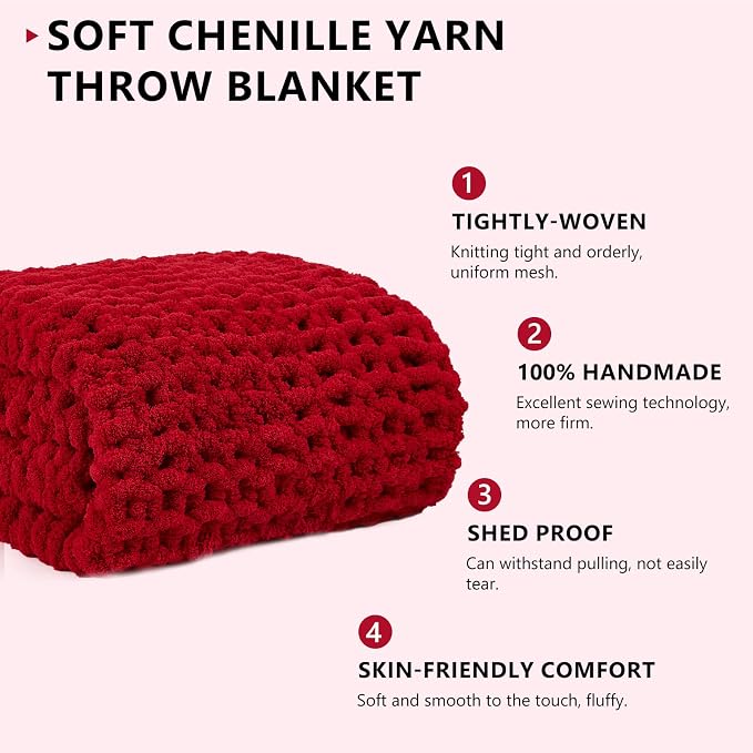 L'AGRATY Chunky Knit Blanket Throw - Soft Chunky Throw Blankets 40x50: 100% Hand Kintted Chenile Crochet Large Cable Knit Blanket - Rope Knot Throw Blankets for Couch Home Decor(Red)