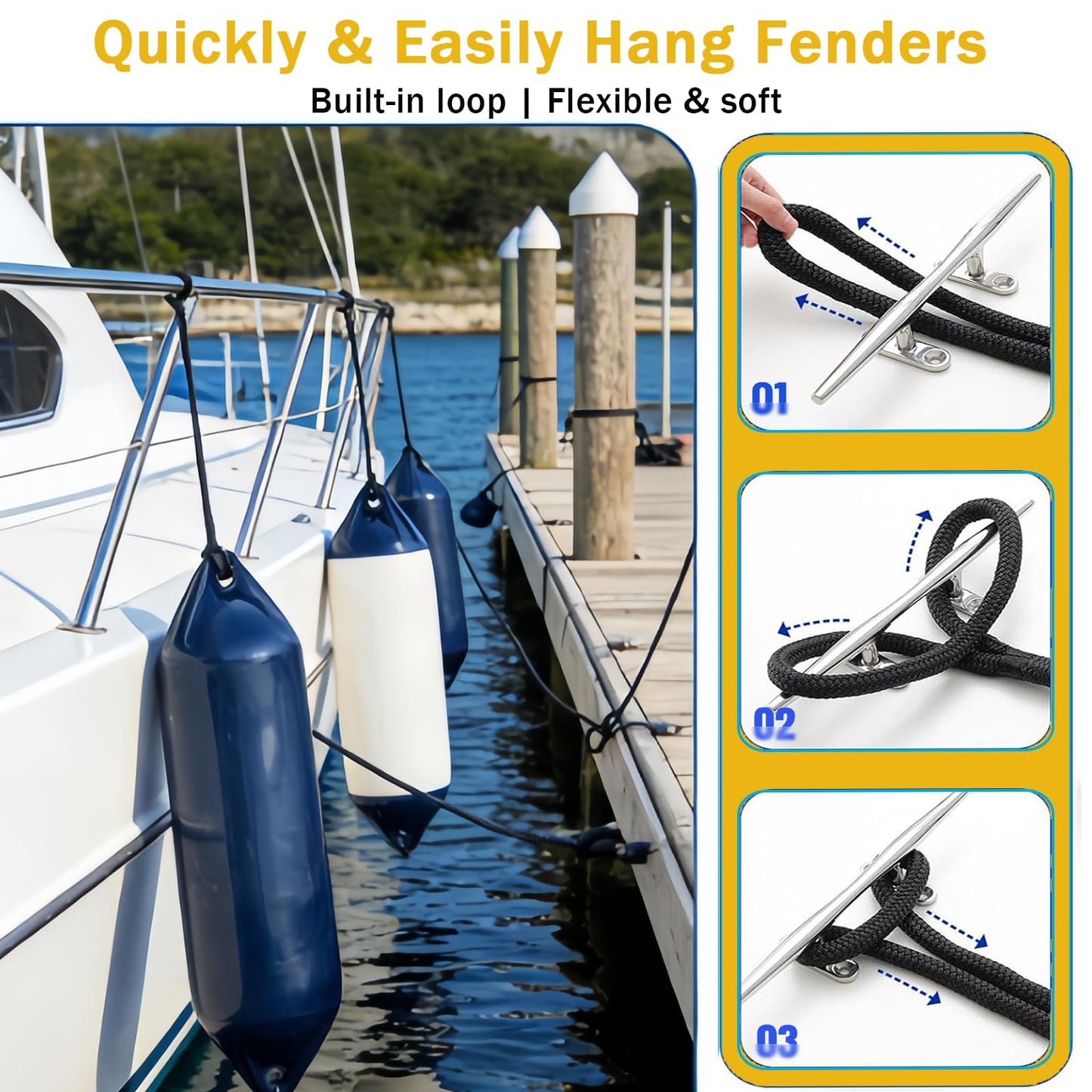 2 Pack 3/8'' x 6' Boat Fender Lines for Mooring, Docking Ties & Small Boat,Premium Marine- Grade Double Braided Nylon Boat Rope with a 5" Eyelet,Anti-Wear & Weather-Resistant-White