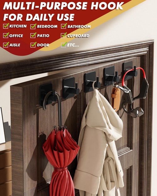 Auxmir Heavy-Duty Adhesive Hooks - 22lb Max Capacity, Waterproof Stainless Steel, 5 Pack for Towel & Coat Storage