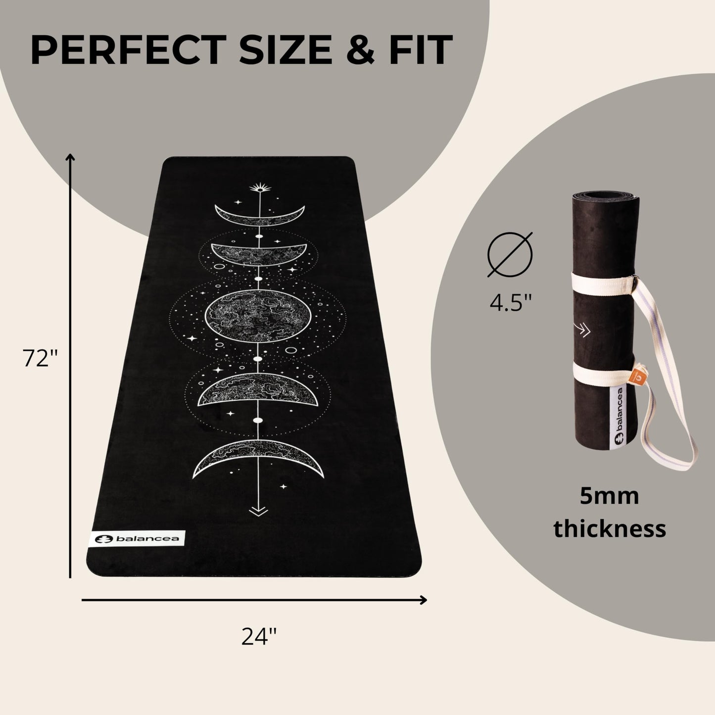 Yoga Mat With Strap 5mm Non Slip Suede & TPE - Moon Black Eco-Friendly Fitness & Exercise Mat for Home Gym, Pilates, Hot Yoga, and Meditation - Lightweight Durable 72 x 24 inch Workout Mat for Women, Men