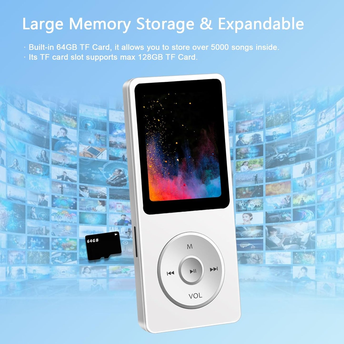 skybess MP3 64GB MP3 MP3 128GB Bluetooth Player with TF Card, Music Players with Speaker, Mini Media Player
