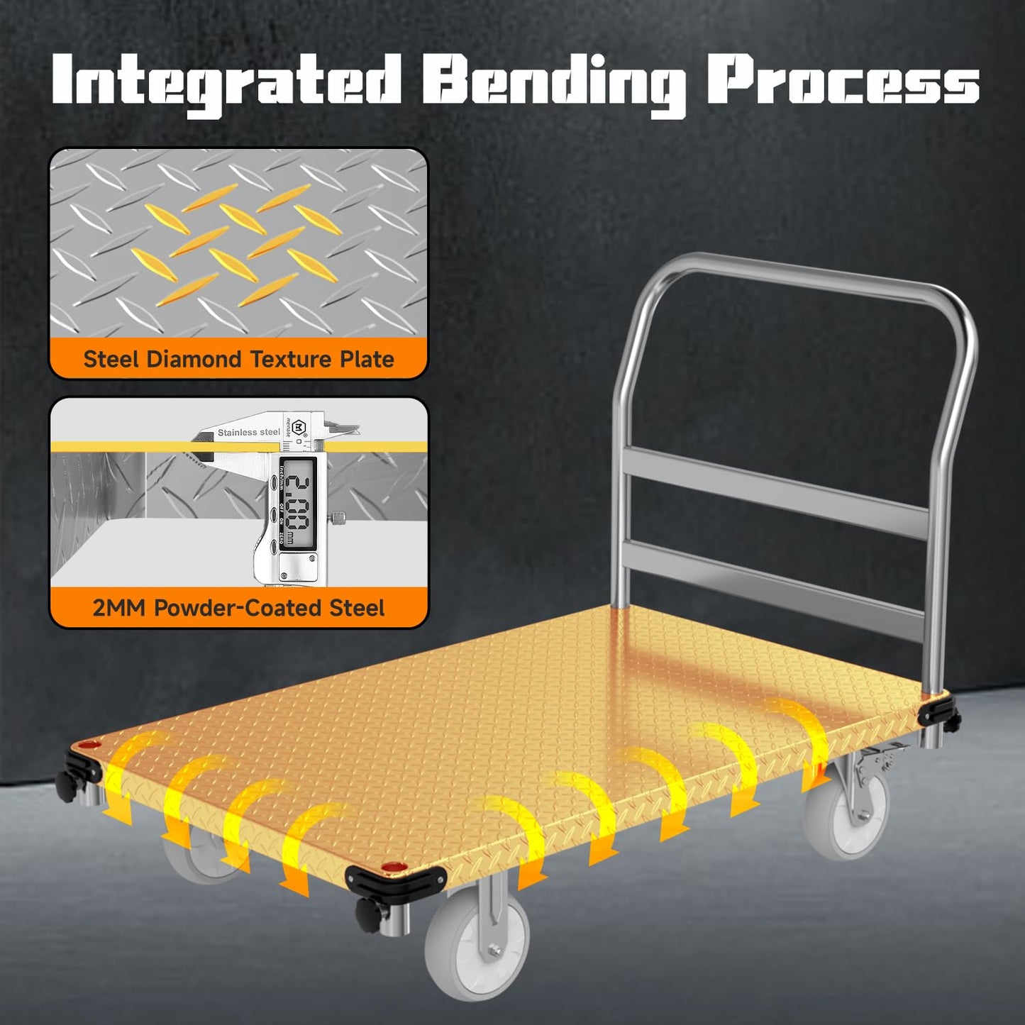 Heavy Duty Platform Truck 3000 lb Capacity, 44" x 28" Steel Flatbed Cart with 2 Detachable Handles, 6" Rubber Swivel Wheels, Industrial Push Dolly for Warehouse & Commercial Use