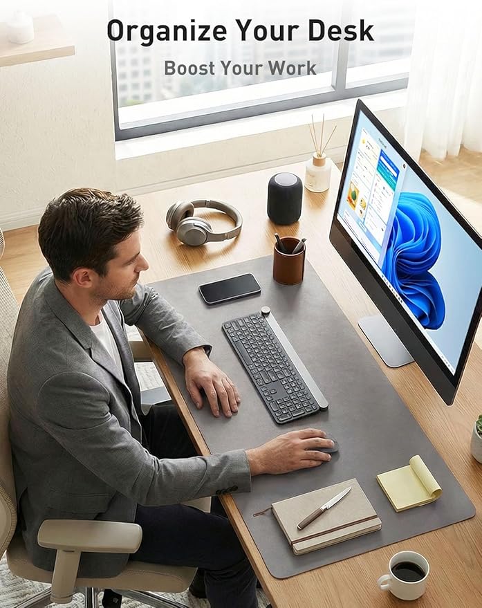 Aothia Faux Leather Desk Mat - Non-Slip PU Leather Desk Blotter, Waterproof Writing Surface, Large Desk Pad for Office & Home (Light Grey, 55" x 17")