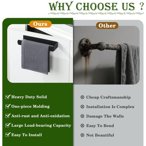 Alise Hand Towel Holder Self Adhesive Towel Bar Towel Hanger for Bathroom Wall,SUS304 Stainless Steel Towel Rack Towel Ring for Kitchen Cabinet Glass Door Wash Basin Side,Matte Black,No Drilling