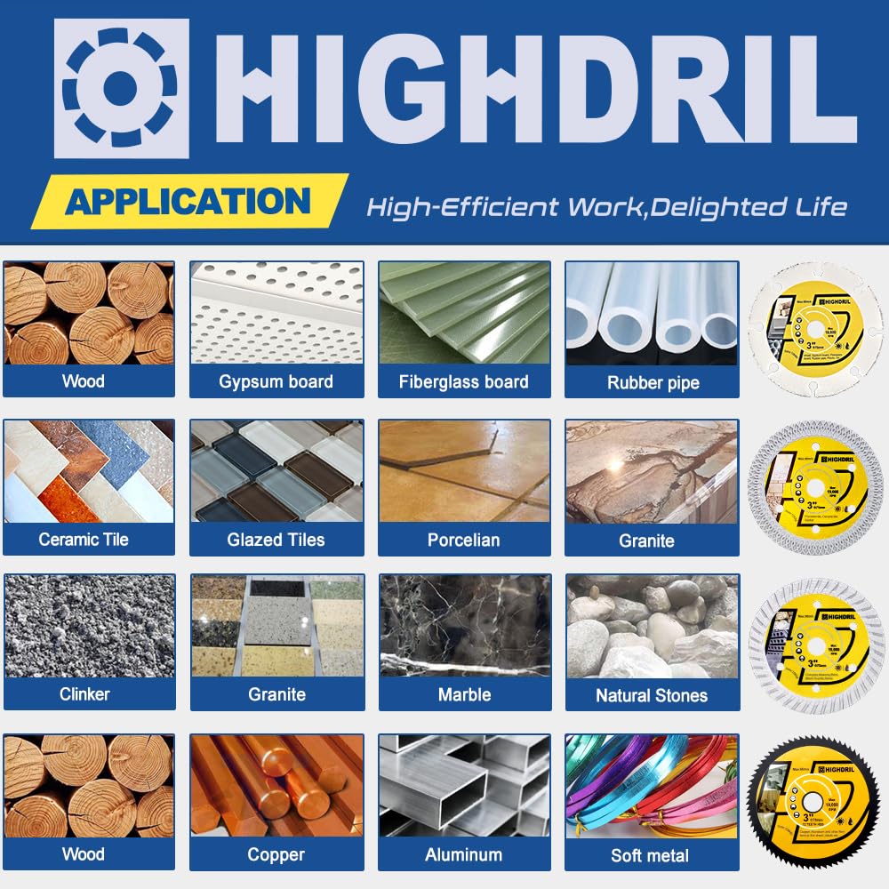 HIGHDRIL Diamond Hole Saw Kit - 6/6/8/20/25/35/50/75/100mm Drill Bits and HIGHDRIL 3" 75mm Circular Saw Blade Set 4pcs - Diamond/HSS/Carbide Cutting Disc
