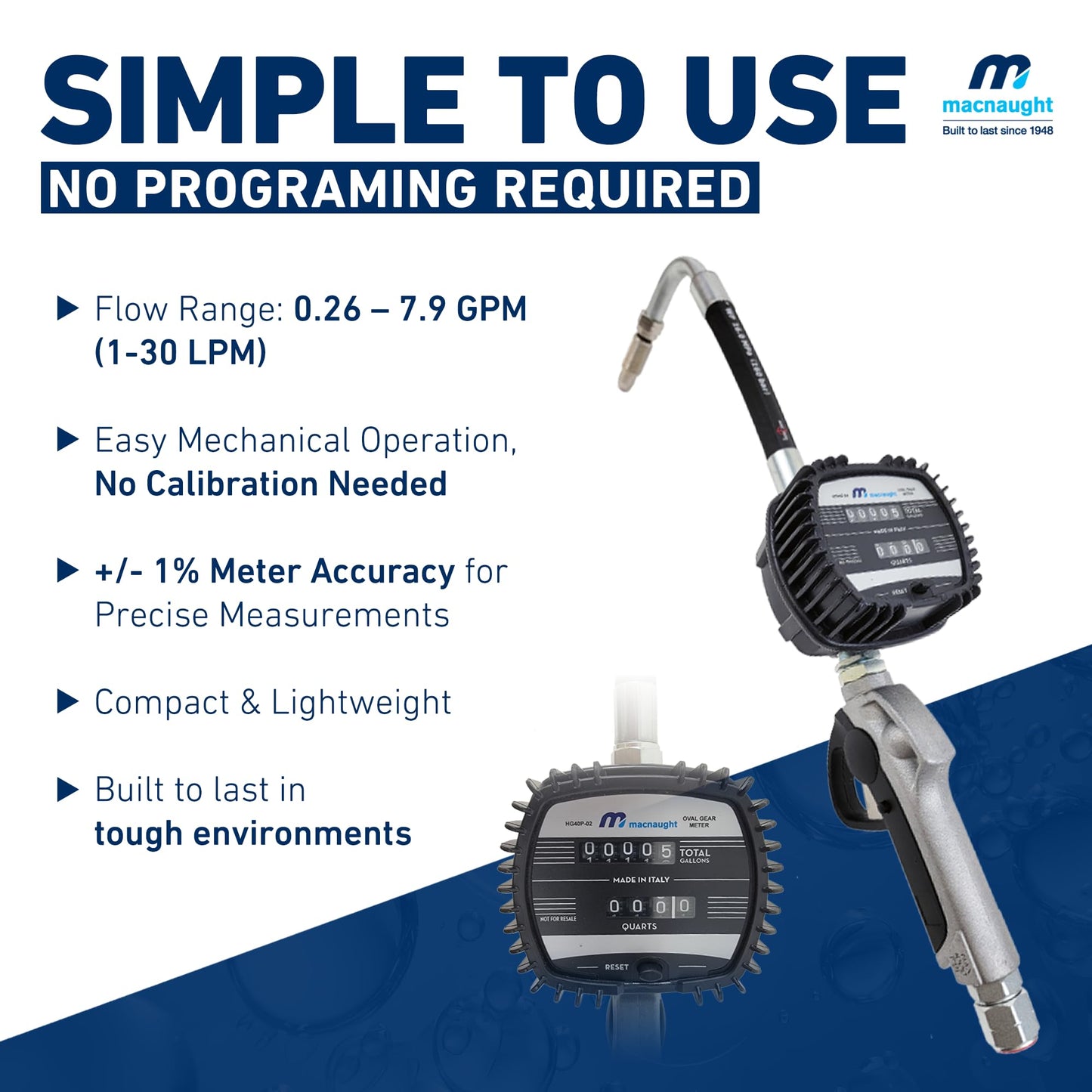 Macnaught Pneumatic Oil Gun with Control Valve 1/2" inch NPT Inlet, Mechanical Meter, Registers in Qts & Totals in Gal. Oil, antifreeze, trans fluid, lubricating oil, synthetic hydraulic oil & more
