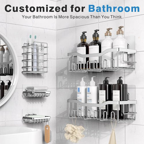 EUDELE Rustproof Stainless Steel Shower Caddy - No Drill Adhesive Organizer | XL Size for Bathroom & Kitchen Storage