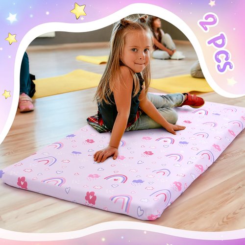 CroBlissful 2 Pcs Nap Mat Cover for Toddler Sheet 47 x 21 Inch Kids Nap Mat Covers Daycare Sewn in Flap Design Pastel Sleeping Microfiber Sheet for Girls Boy Preschool Kindergarten(Rainbow)