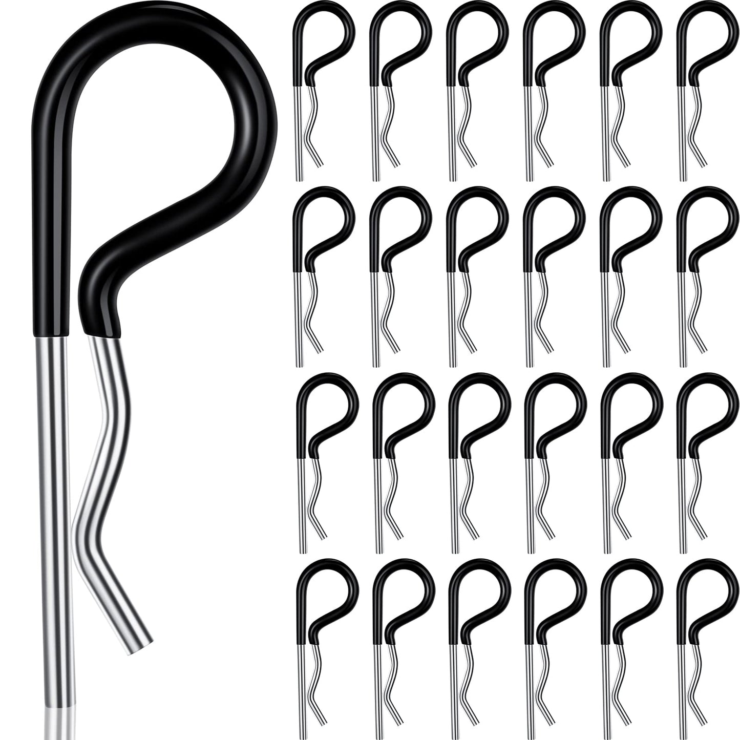 Ferraycle 25 Pcs Hitch Pin Clip Cotter Pin R Clips Trailer Cotter Hairpin Zinc Plated Spring Steel Hairpin with Vinyl Coated Grip 0.15 Inch Diameter and 3.35 Inches Long (Silver, Black)