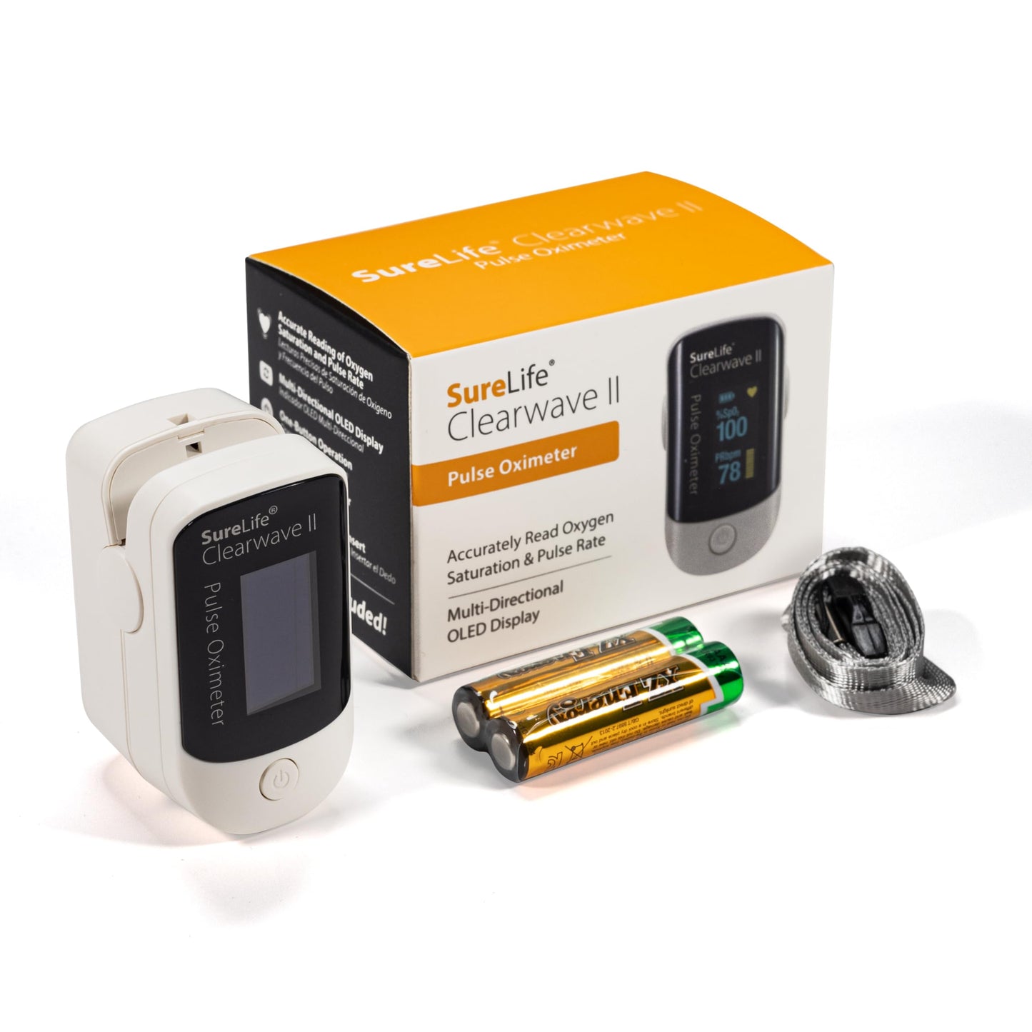 SureLife Clearwave II Pulse Oximeter with OLED Display, SpO2 Sensor, Pulse Rate and Strength Monitor, Multi-Angle View, One Button Operation, Fingertip Oximeter with Batteries and Lanyard