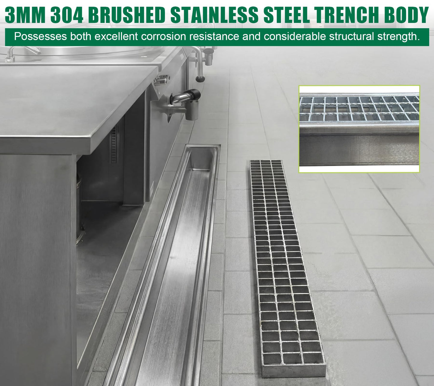 Natotela Driveway 304 Stainless Steel Channel Drain with Galvanized Steel Grate-39.4x7.1x6.3in B125 Heavy Duty Trench Drain System,3 Pack Total Length 118.2in,Metal Drainage System for Garage