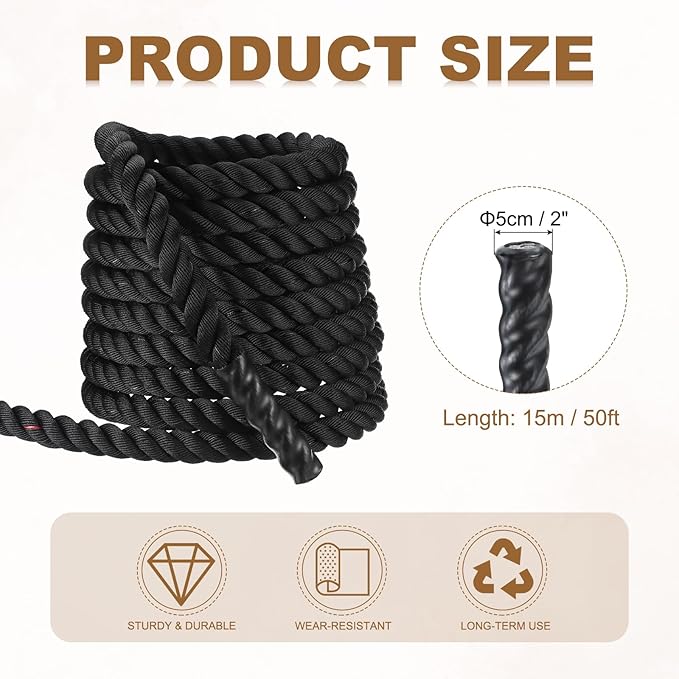 MECCANIXITY Battle Rope 50ft x 2 Inch Polyester Workout Rope Heavy Fitness Exercise Rope for Strength Training Home Gym Muscle Building, Black