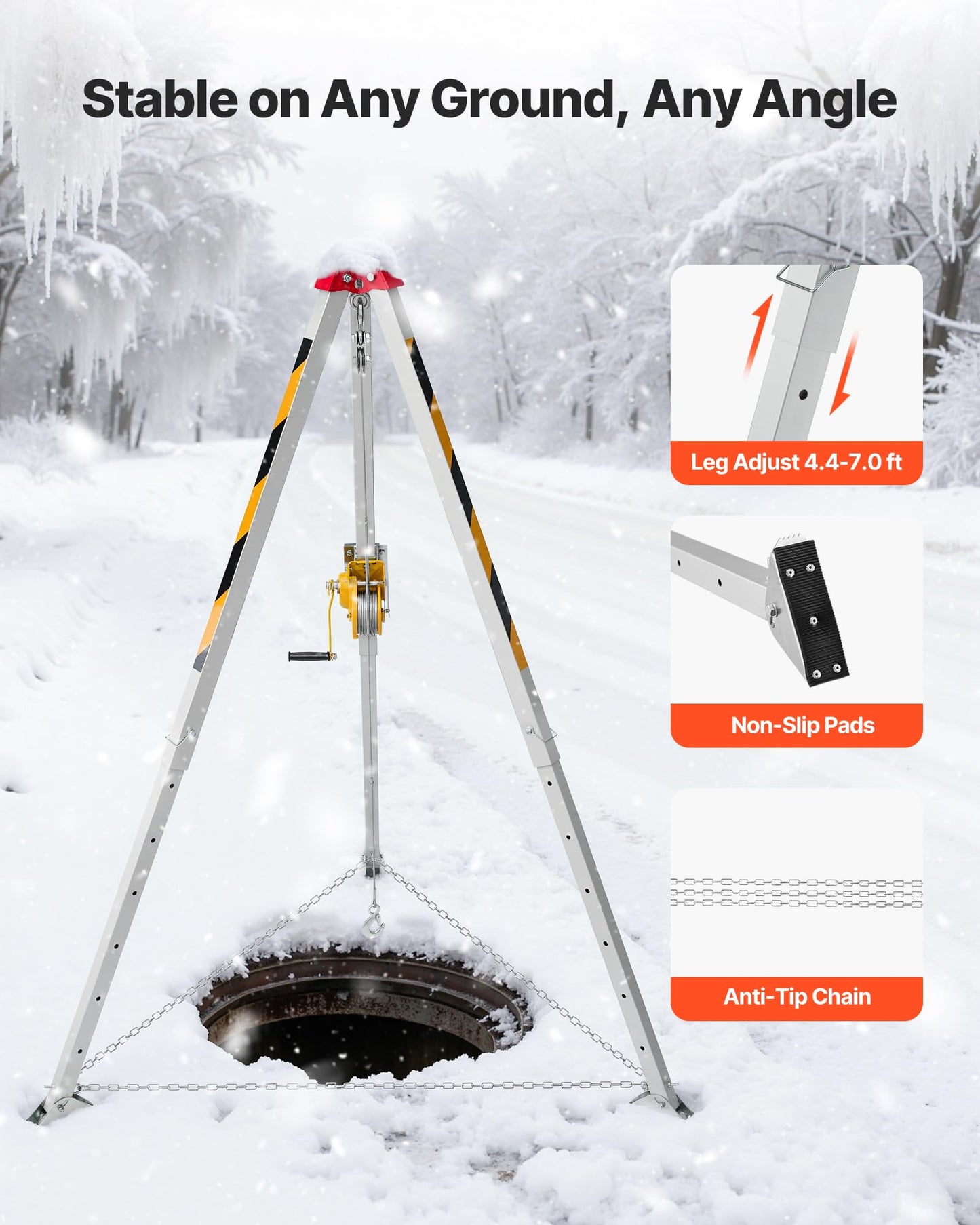 VEVOR Confined Space Tripod Kit, Heavy Duty Rescue Tripod Lifting Hoist 1200 lbs Winch, 4.1 ft Adjustable Legs, 98.5 ft Cable Portable Kit, 32.8 ft Fall Protection, 4.40-7.05 ft Working Height