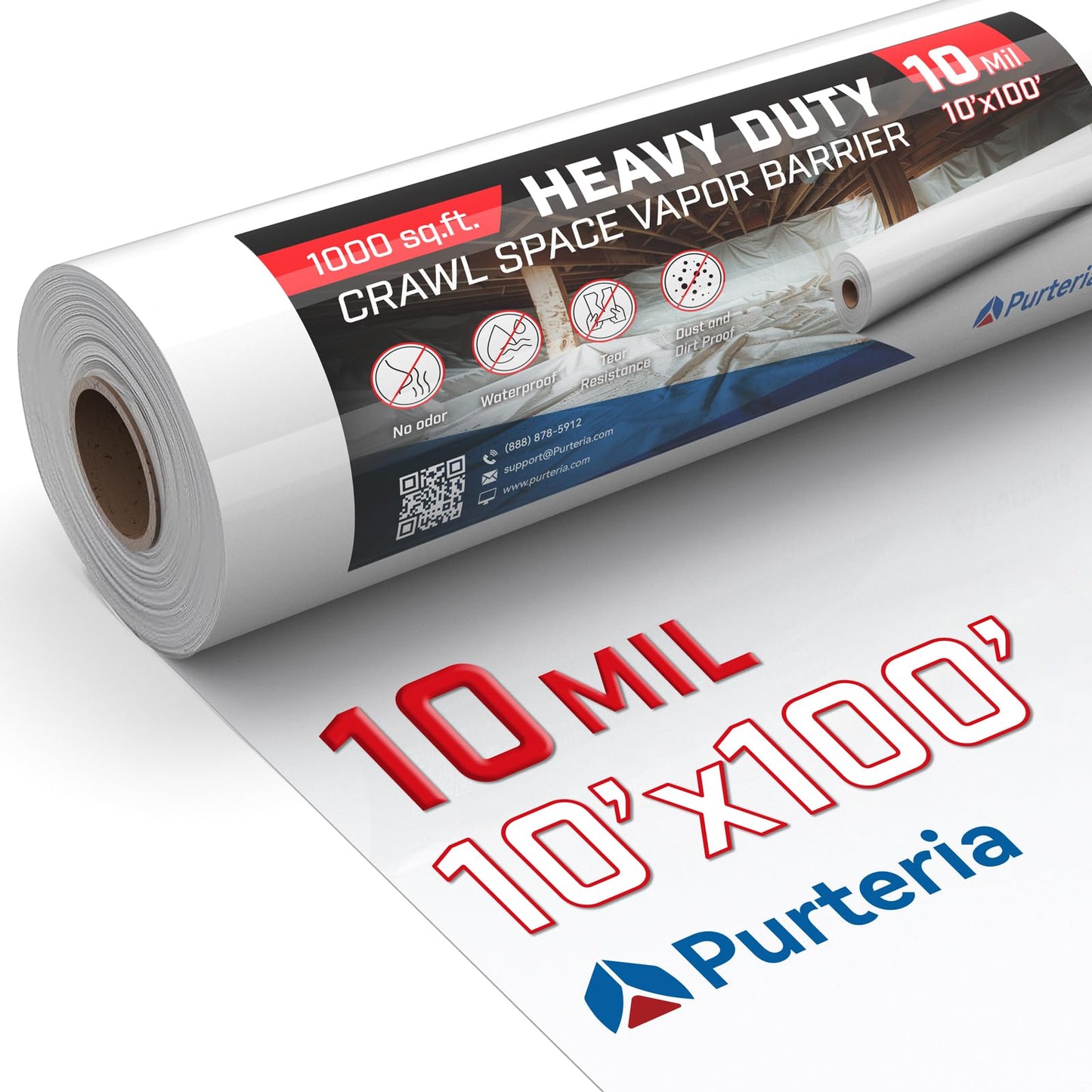 Purteria Crawl Space Vapor Barrier, 10 Mil 10' x 100', White Vapor Barrier, Thick Plastic Sheeting, Heavy Duty Polyethylene Film, Drop Cloth Covering for Crawlspace, Basement