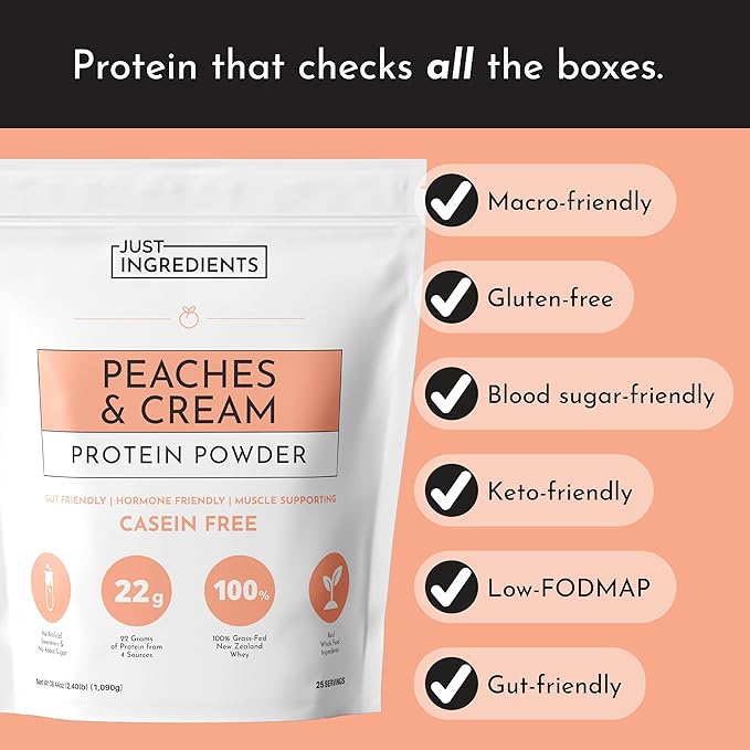 JUST INGREDIENTS Peaches & Cream Protein Powder ??25-Serving Blend with 100% Grass-Fed Whey & Organic Plant Proteins ??Real Peach Flavor ??Supports Muscle Recovery, Energy*