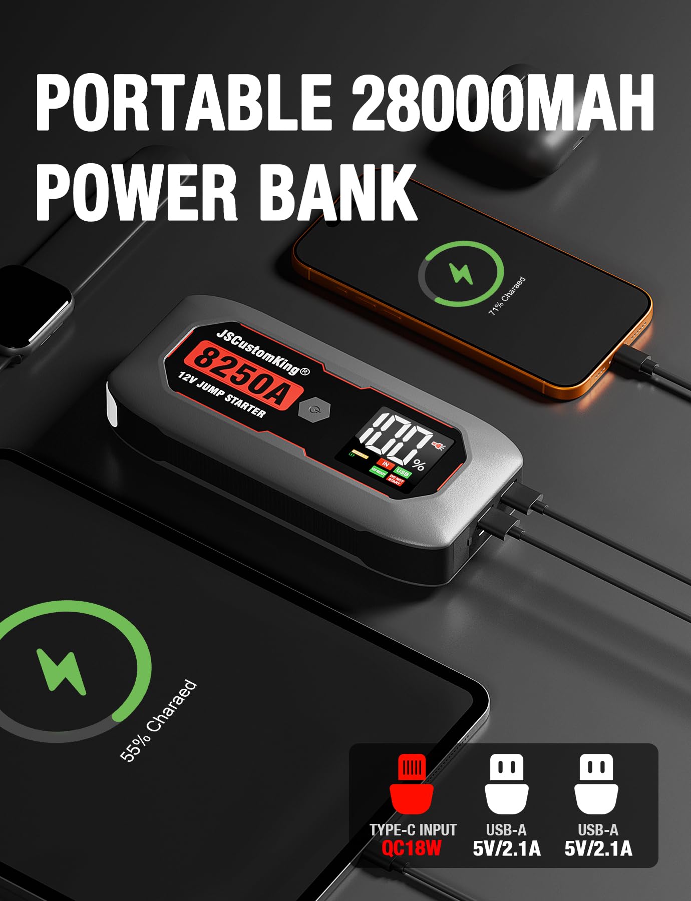 8250A Jump Starter Battery Jump Starter Battery Pack (for All Gas or 10.0+L Diesel), 12V Potable Heavy Duty Car Jump Start with 3.2 inch HD Screen, 2 USB Power Bank 48-Months Stand-by Time