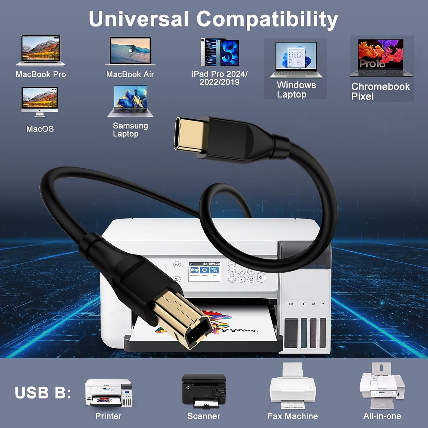 10 USB C Printer Cable Feet Long USB B to USB C Printer Scanner Cord to Computer for MacBook Pro/Air, iPad Pro/Air, HP