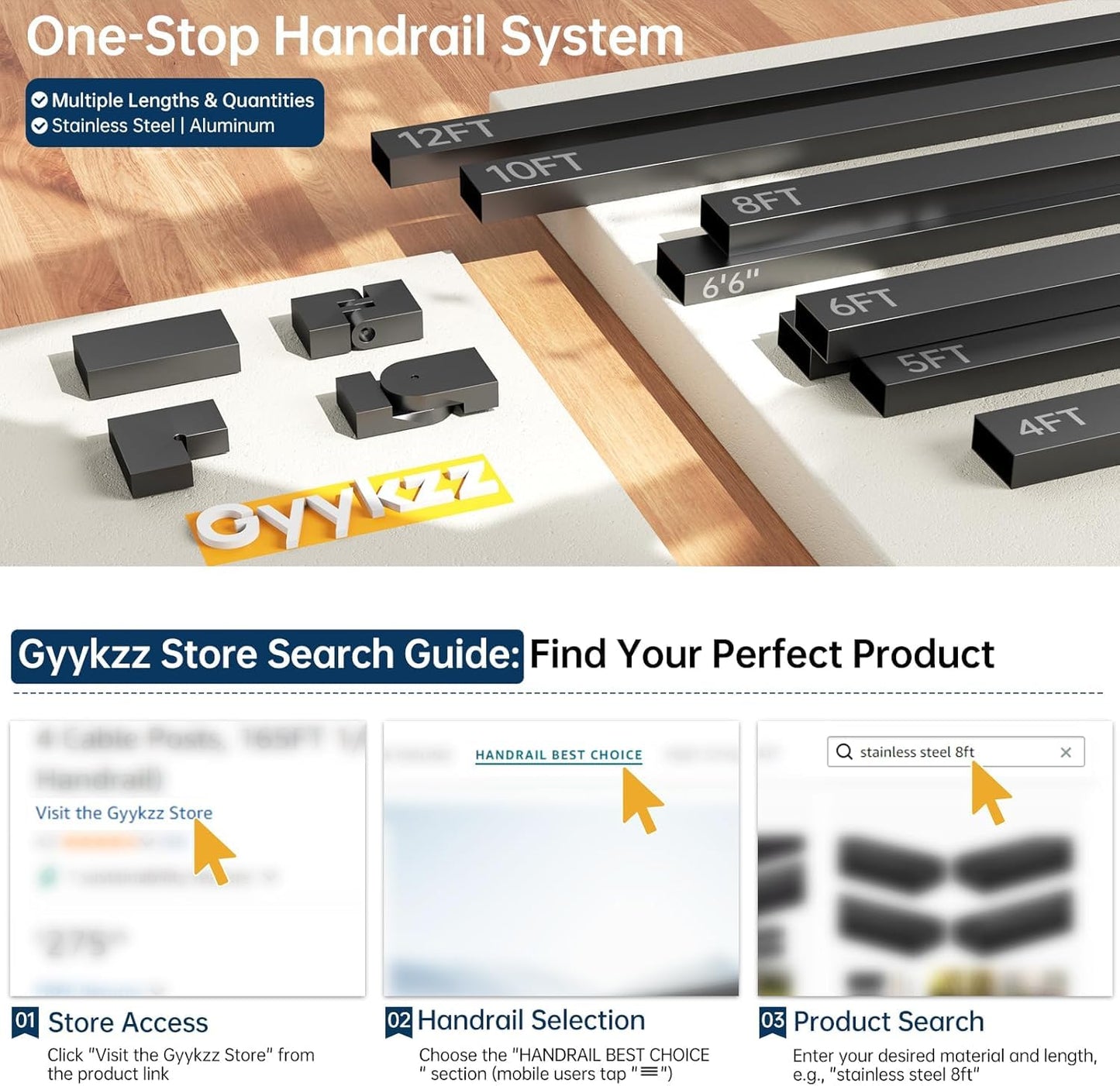 Gyykzz 6FT Stainless Steel T304 Handrail Black with POM Connector, 4 Pack Rectangular Cable Railing Handrail Flat Deck Top Rail with SS304 End Caps for Indoor Outdoor Deck Stair Cable Railing System