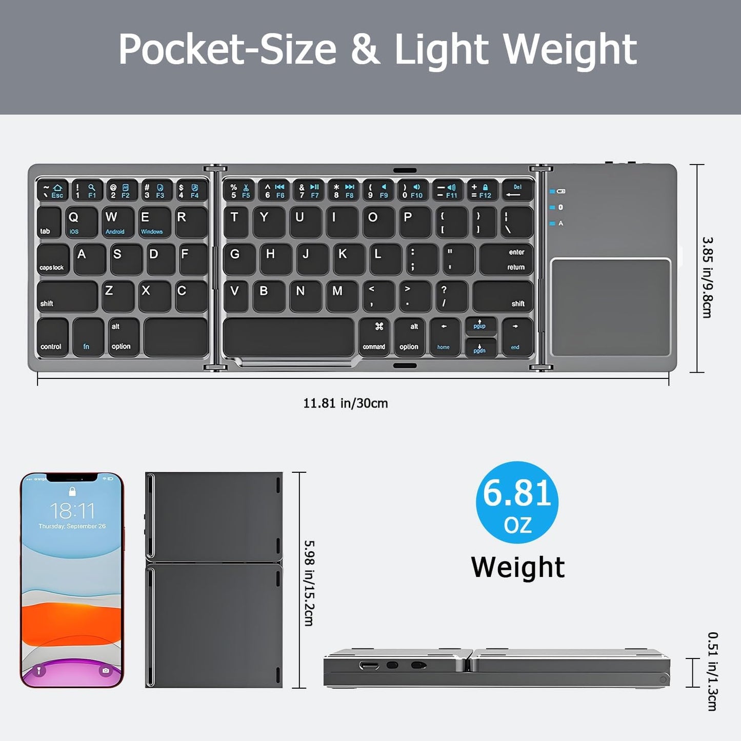 KUNSI Foldable Bluetooth Keyboard with Touchpad, Ultra Slim Portable Wireless Keyboard with Rechargeable Battery