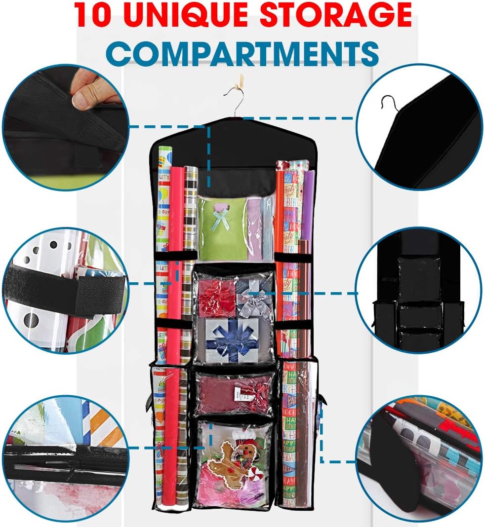 ProPik Wrapping Paper Storage Organizer - Double-Sided Design with Multiple Pockets | 40" x 17" Clear PVC Bag (Black)