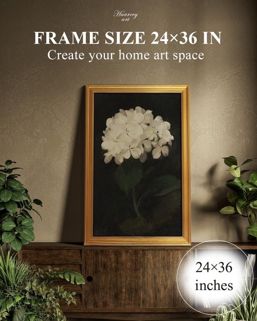 HUARCEY Vintage Wall Art - Gold Framed Flower Canvas Print for Living Room | 24"x36" White Hydrangea