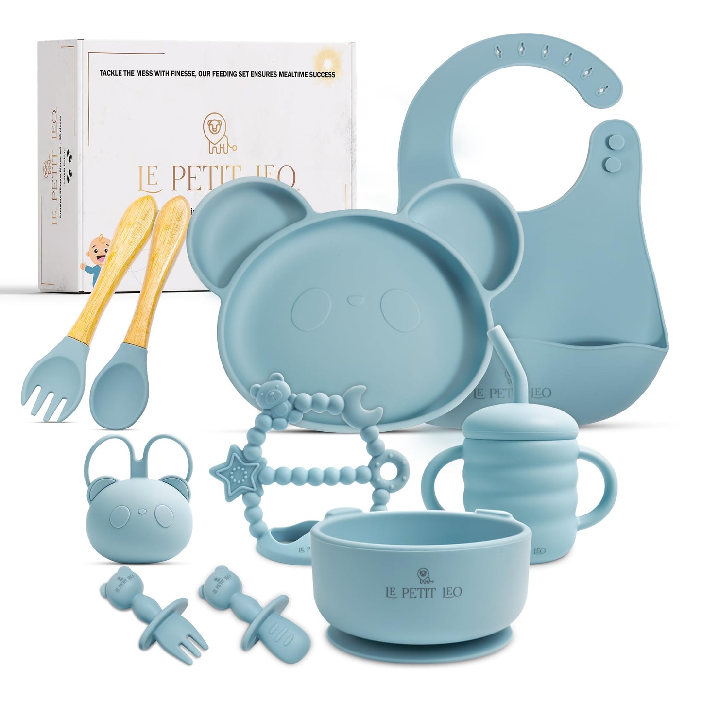 Silicone Baby Feeding Set - Complete Baby Led Weaning Supplies with Non-Toxic Silicone Bibs, Suction Plates, Suction Baby Bowl, Sippy Cup, Baby Spoons and Fork, Toddler Utensils (Baby Sky)