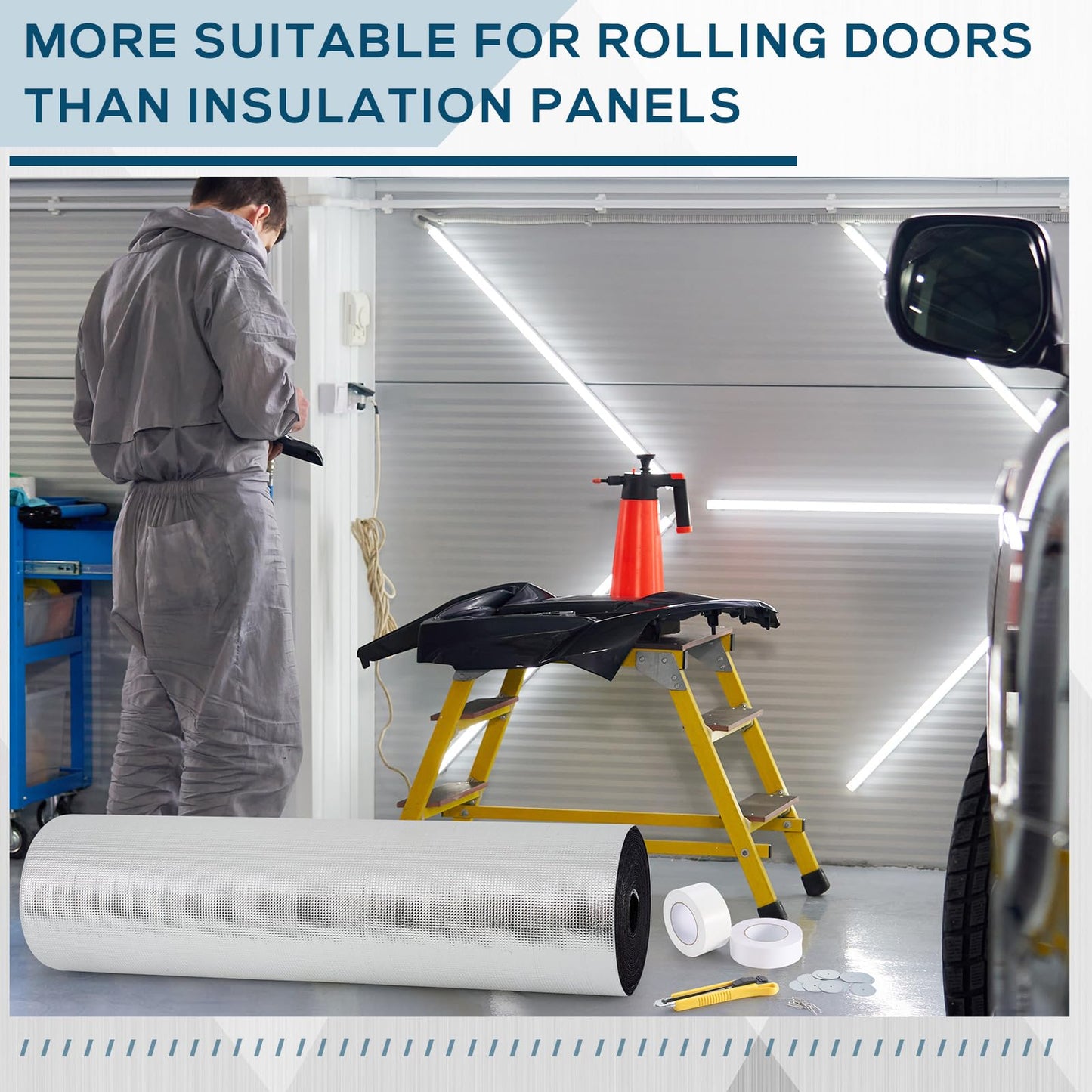 Tandefio Roll up Garage Door Insulation Kit for Cooling Metal Buildings Reflective Foam Aluminum Foil Summer Barrier Warehouse Insulation Panels for 2 Doors 10'x10' or Large (Black,40 in X 78.7 ft)