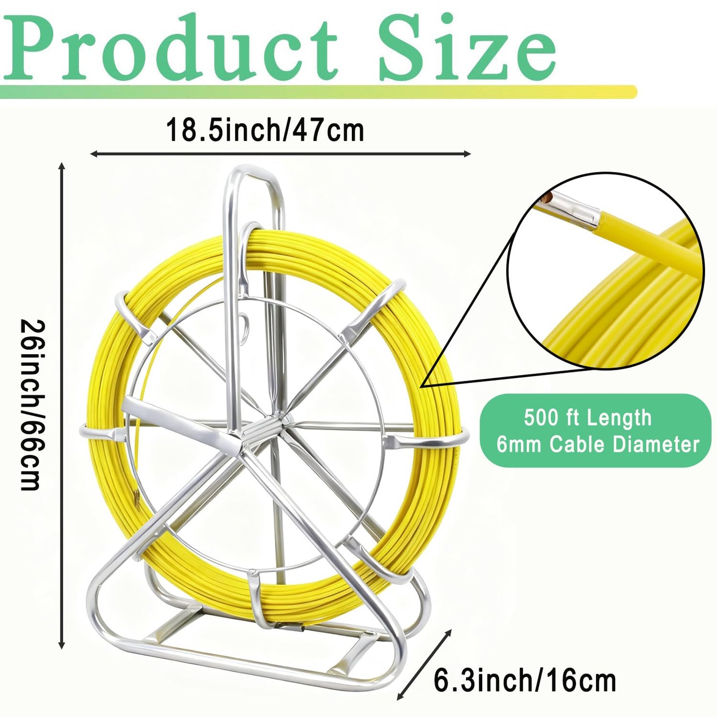 6mm (1/4") x 500ft (152M) Fiberglass Duct Rodder, Heavy-Duty Electrical Fish Tape Cable Puller with Durable Steel Reel Stand & Cage Wheel, Wire Running Rod for Conduit Installations
