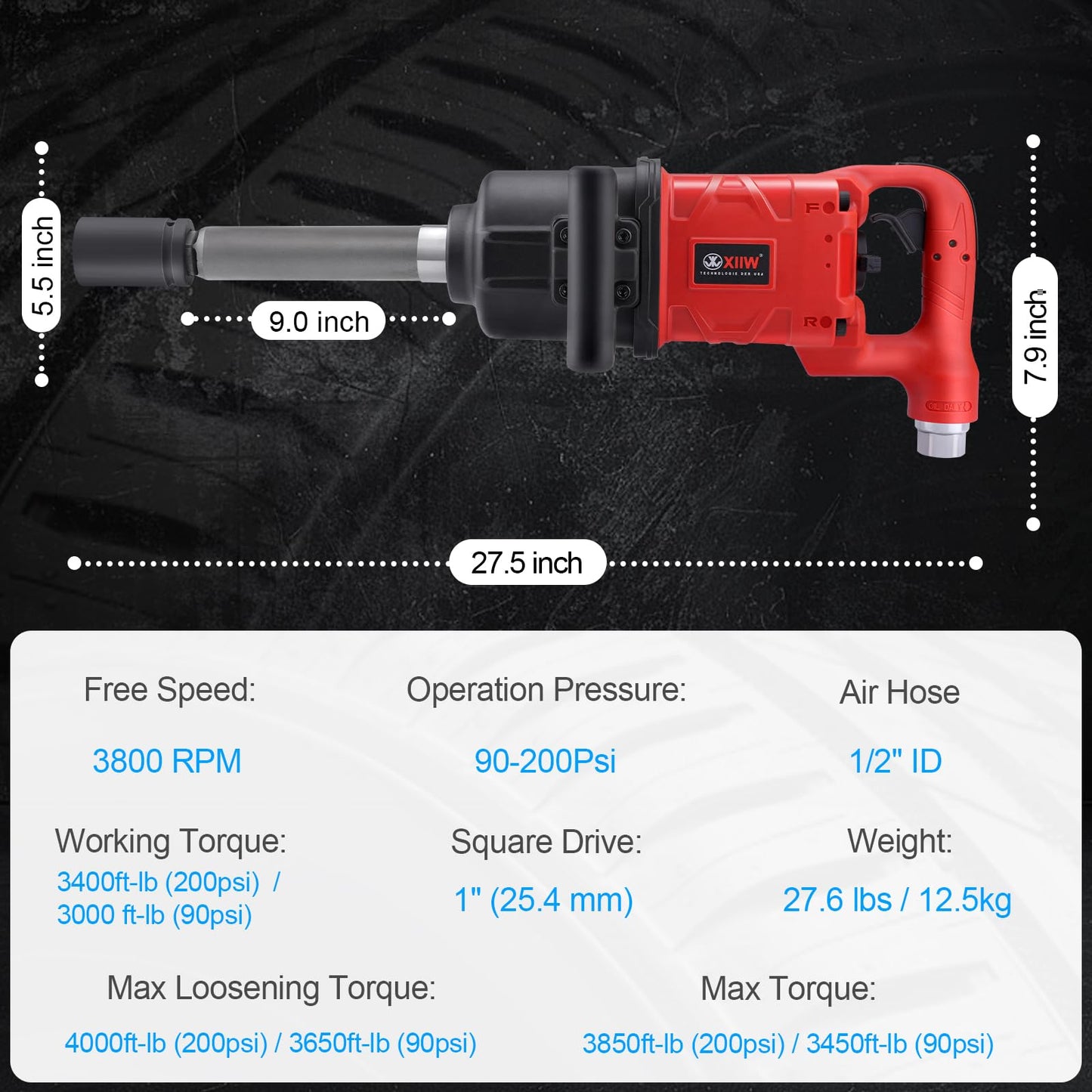 XIIW 1 Inch Air Impact Wrench, Up to 4000 ft-lbs High Reverse Torque, 27.6lbs Lightweight 1‘’ Pneumatic Impact Gun w/ 9 Inch Extended Anvil and 2 D Handles 3800RPM for Heavy Duty Repairs