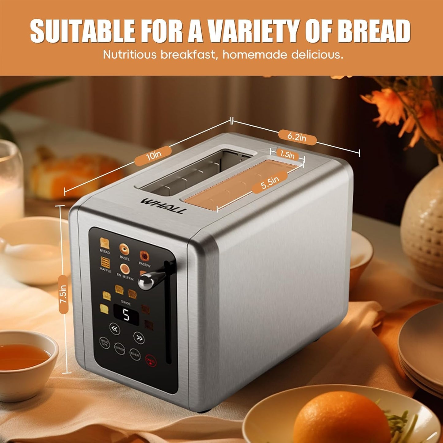 WHALL® Touch Screen Toaster - 2 Slice Stainless Steel with Digital Timer & 6 Shade Settings | Extra Wide Slots
