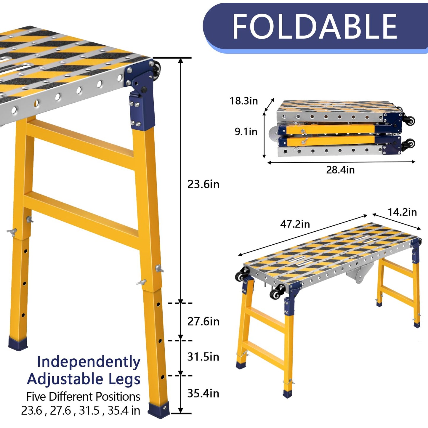 Work Bench+Step Ladder 2 in 1 with 1102 LBS Load Capacity, Versatile Portable Steel Folding Welding Table with Height 23 to 35 inches Adjustable Folding Portable Platform with Non-Slip Mat