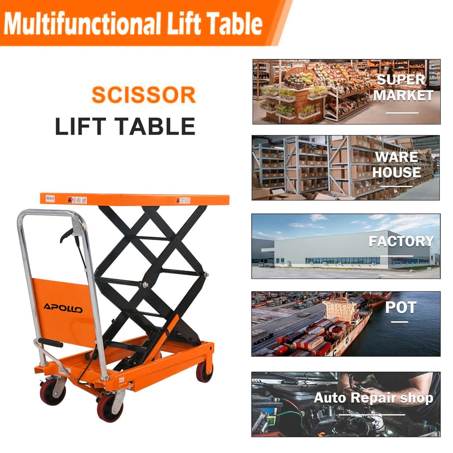 APOLLOLIFT Hydraulic Lift Table Cart, 770lbs Capacity 51" Lifting Height, Double Scissor Lift Table with 4 Wheels and Safety Back Guard for Material Handling and Transportation(Orange)