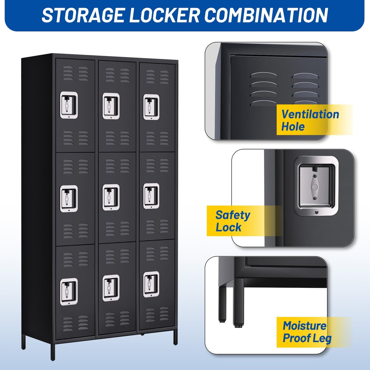MERXENG Metal Storage Locker with 9 Doors, Metal Locker for Employees with 18 Hooks for Garage School Office Gym Home, Assembly Required, Black