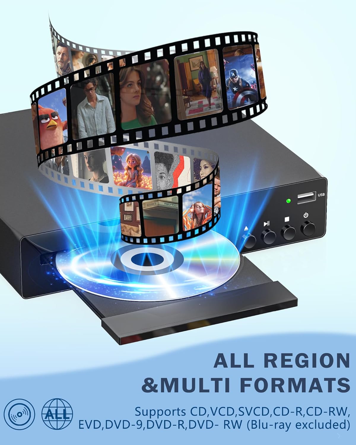 SHIWAKOTO 1080P DVD Players for TV with HDMI, All Region Free DVD Player for Smart TV, HDMI and RCA Cables & Remote