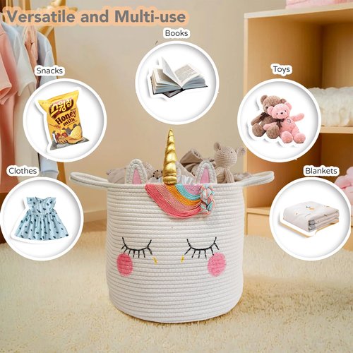 Large Unicorn Woven Basket with Handles - Toy Storage Bin, Baby Gift & Animal Nursery & Cute Laundry Basket, for Clothes, Towels, Toys (Unicorn)