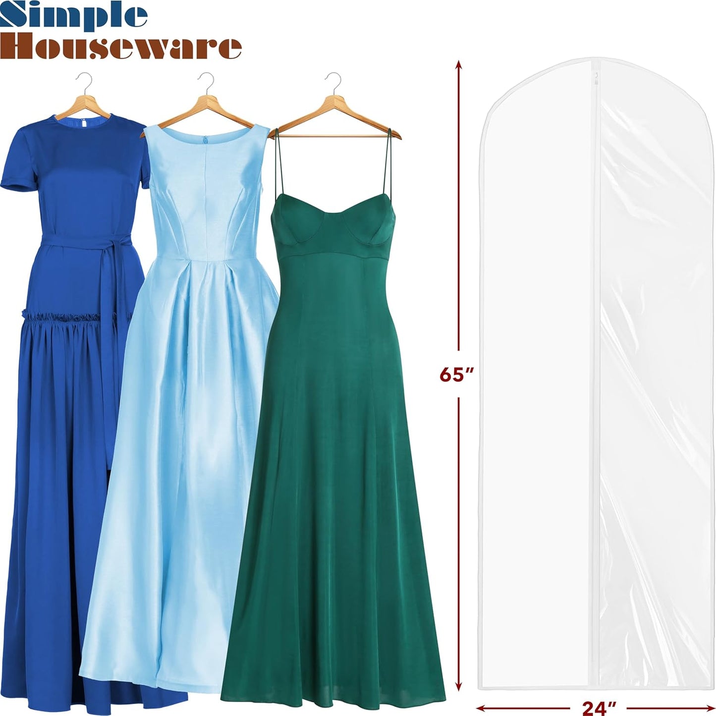 Simple Houseware 65-Inch Clear Garment Bags - Zippered Storage for Gowns, Suits & Dresses | 2 Pack