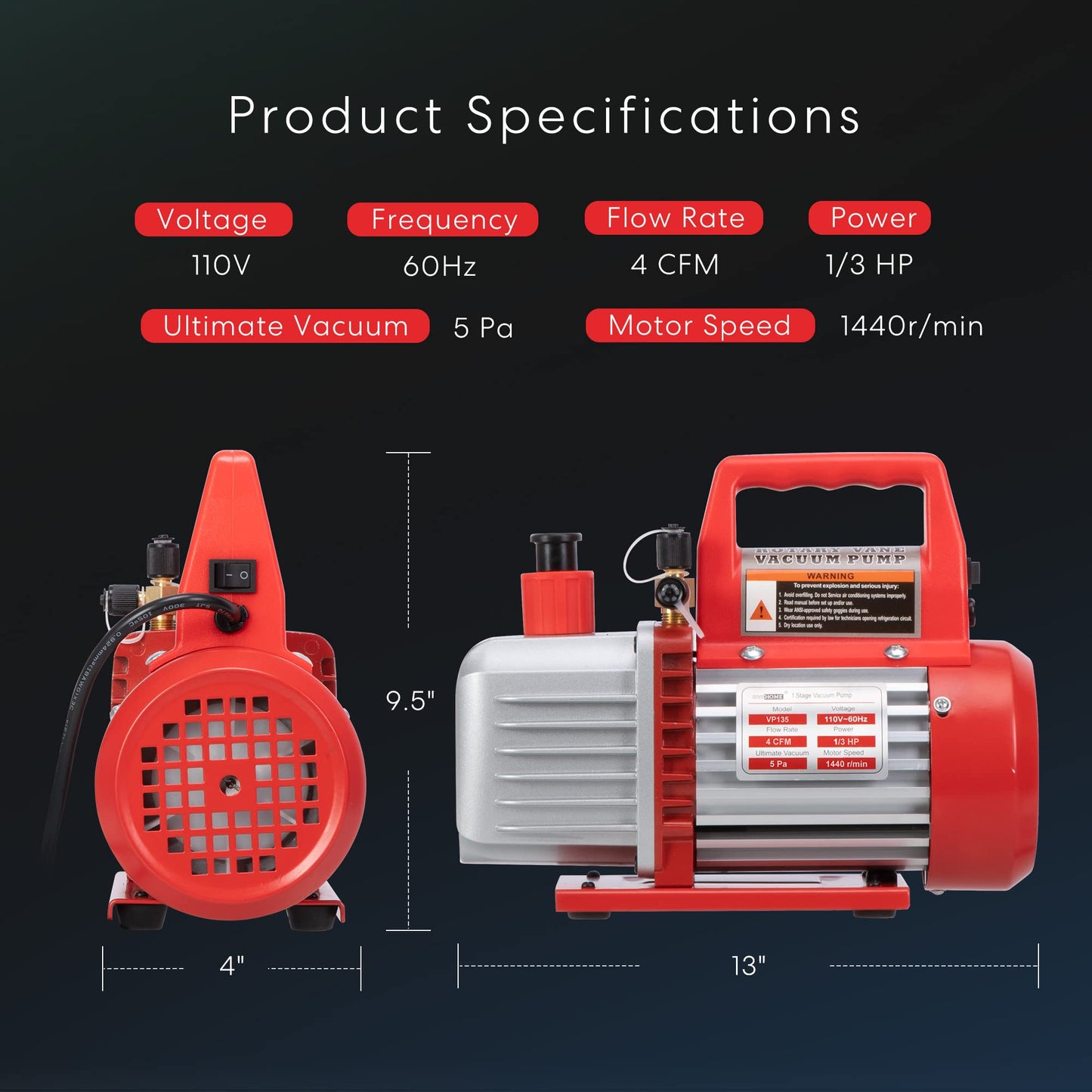 VIVOHOME 110V 1/3 HP 4CFM Single Stage Rotary Vane Air Vacuum Pump and AC Manifold Gauge Set Kit with Leak Detector for R134a R12 R22 R502 R410a HVAC Air Conditioning Refrigeration Recharging, Red