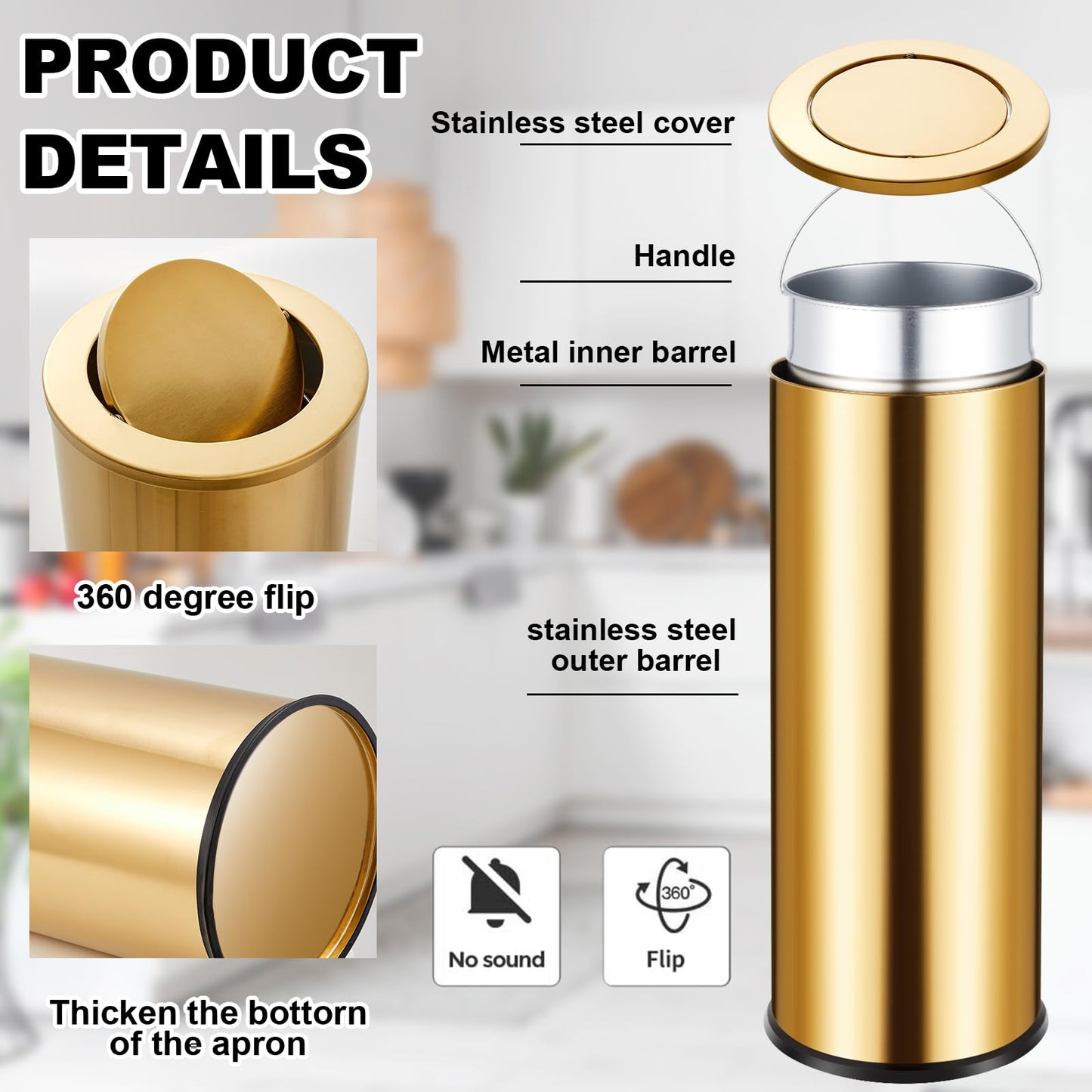 Reallnaive 2 Set 30L/8GAL Gold Lidded Trash Can with 200 Garbage Bags Metallic Gold Brass Kitchen Garbage Bin with Flip Lid Commercial Compact Waste Basket for Shopping Centers, Elevator Doors, Hotels