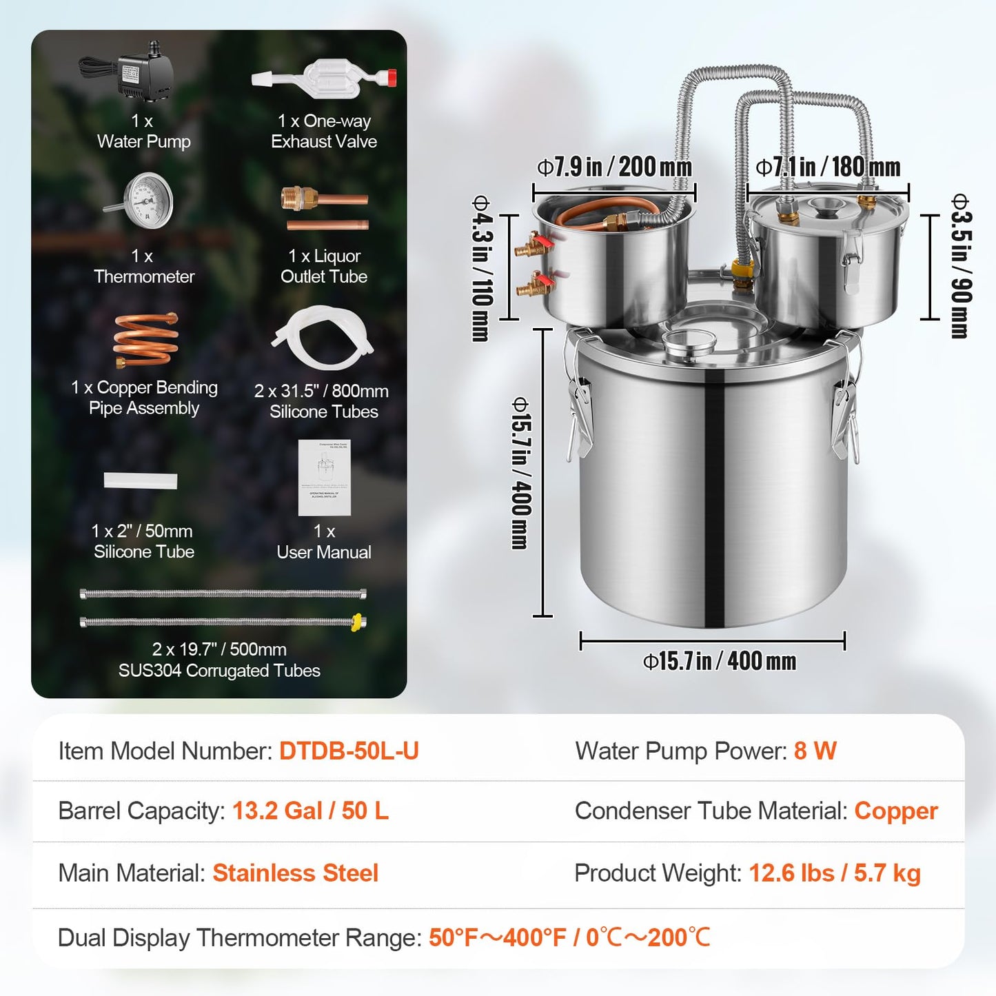 VEVOR Alcohol Still with Thumper Keg, 13.2Gal / 50L Alcohol Distiller, Distillery Kit for Alcohol with Copper Tube, Build-in Thermometer & Water Pump for Wine Whisky Brandy