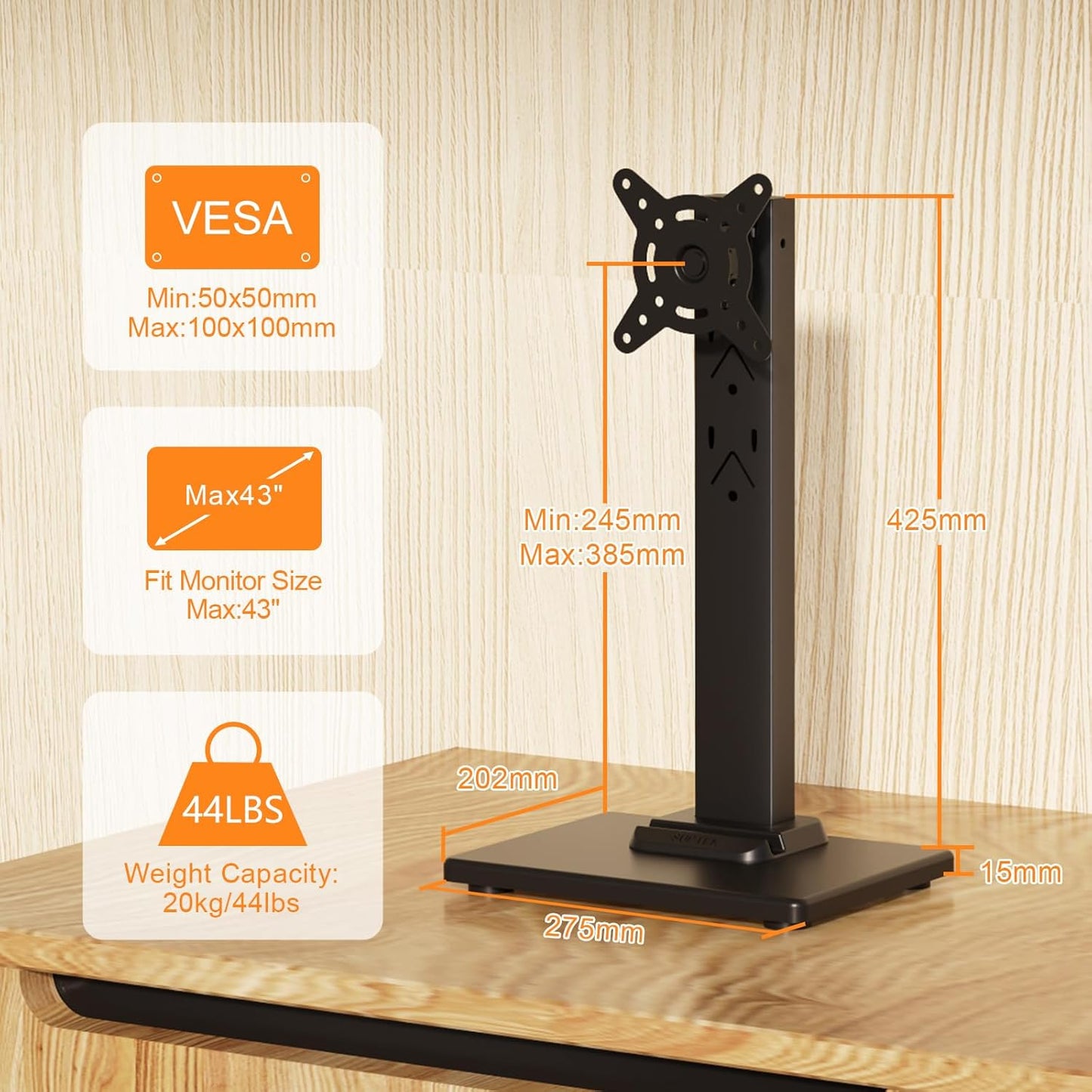 suptek 13 Inch 43 Inch 50, 75, 100mm Single LCD Computer Monitor Free-Standing Desk Stand Mount Riser for to Screen