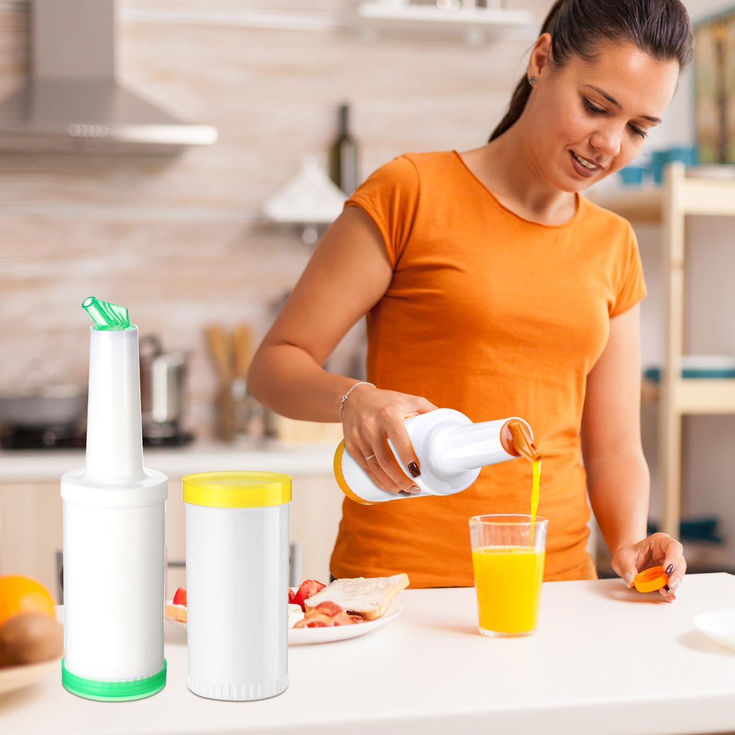CHENGU 3 Pcs Bar Pour Colorful Juice Pouring Bottle Containers 34 oz Plastic Juice Dispensers for Bar Home Party Kitchen Supplies (Green,Yellow,Orange)