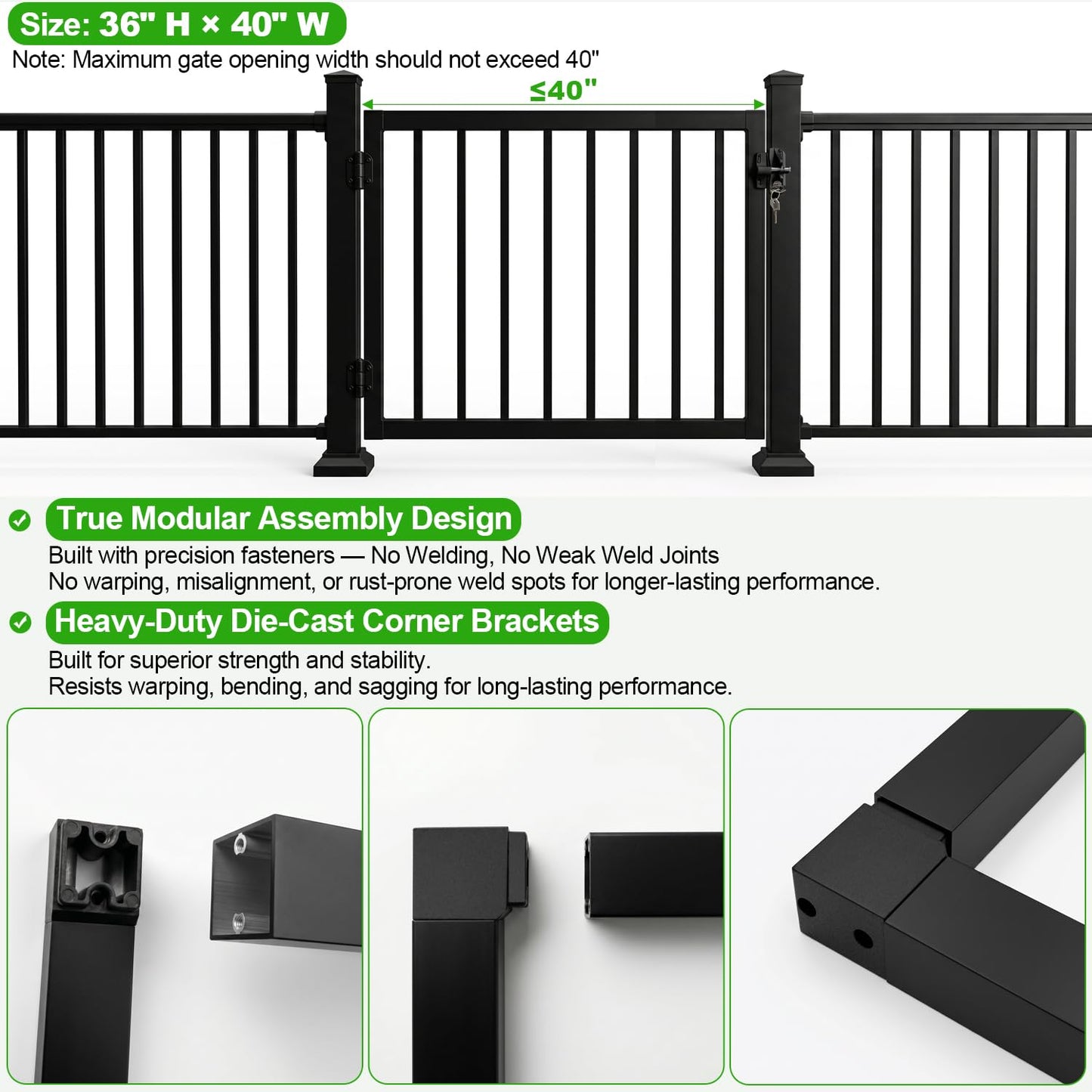 BH Railing 36" H x 40" W Heavy Duty Aluminum Picket Gate Kit – Modern Minimalist Design, AAMA 2604 Powder-Coated Textured Black, Rust & Corrosion Resistant, Maintenance-Free, Easy Installation