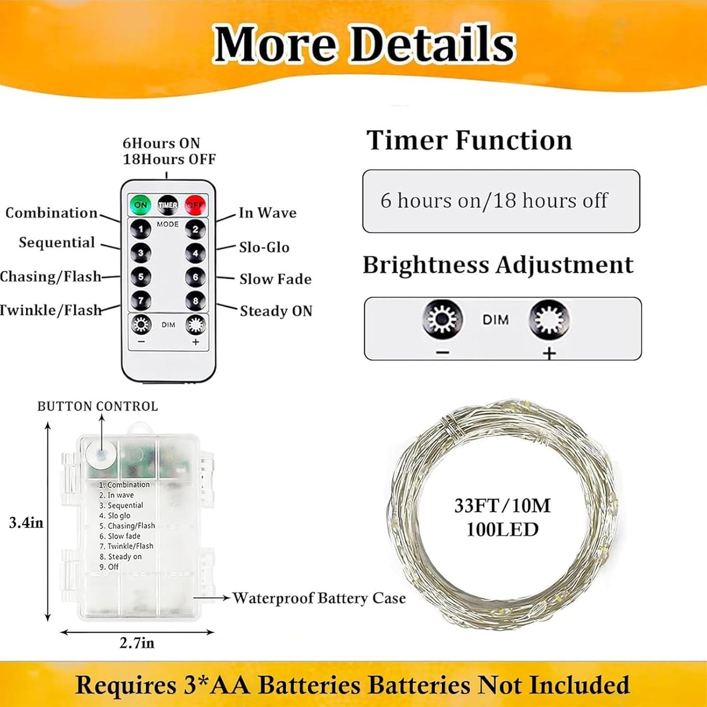 Skiennix 33FT Battery Operated Fairy Lights - 100 LED Waterproof String Lights with Remote & Timer | Warm White, 8 Modes for Indoor/Outdoor Decor