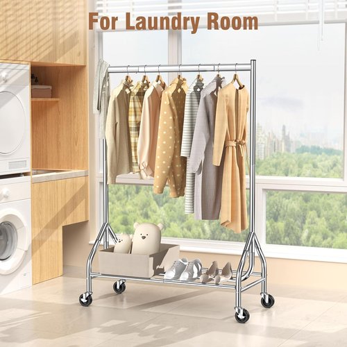 EAGMAK Heavy Duty Clothes Rack - 420 LBS Capacity, Rolling Garment Rack with Lockable Wheels | Silver